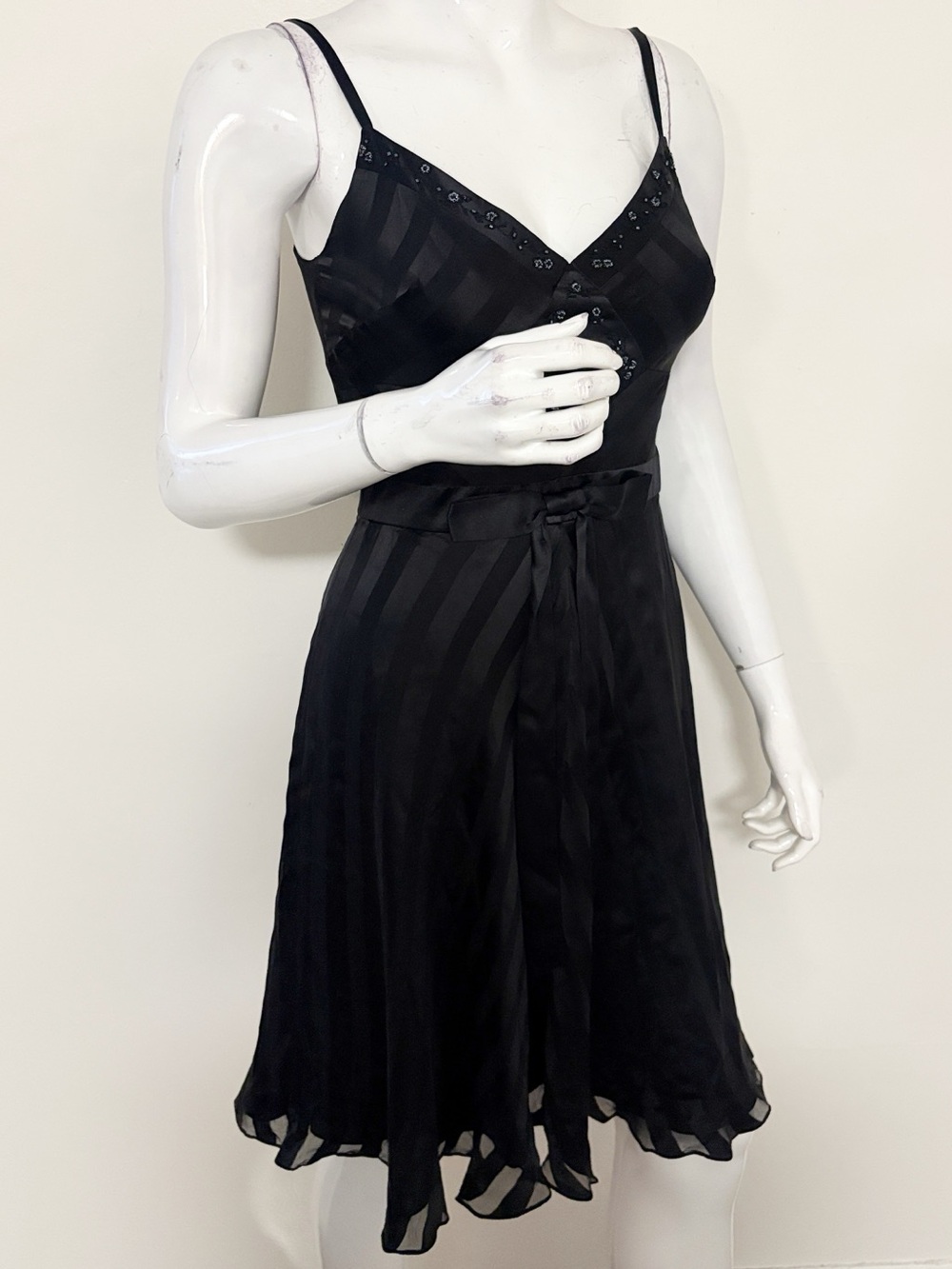 Vintage 90s Betsey Johnson New York Black Striped Beaded Fit & Flare Midi Dress - Picture 5 of 6